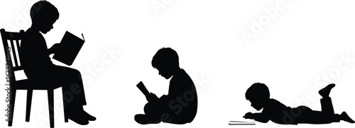 Silhouettes of children reading books in different poses, sitting on chair, sitting on floor, lying down, education, learning, childhood development
