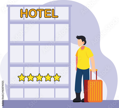 Man arriving at hotel with luggage illustration