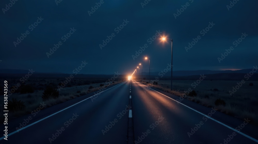Fototapeta premium Serene Night Drive on a Long, Straight Asphalt Road with Lights Guiding the Way