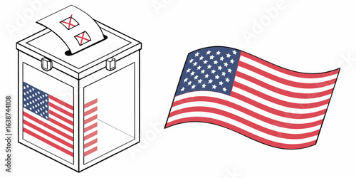 American ballot box with voting slips and waving flag illustration election United States