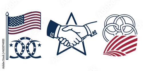 American flag handshake and abstract star and rings symbols partnership agreement