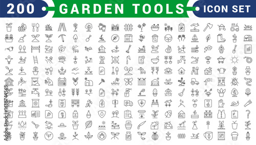 Garden tools collection, doodle icons of gardening and farming equipment, wheelbarrow, pruning shears, watering can, gardening tool set, isolated color clipart on white background.