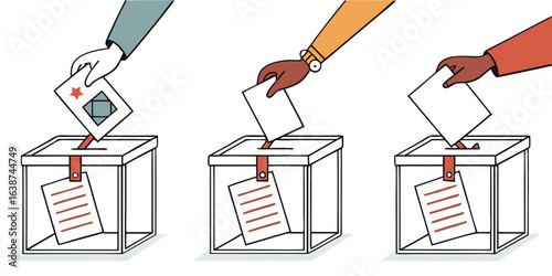 Diverse hands casting votes into transparent ballot boxes in a row voting election