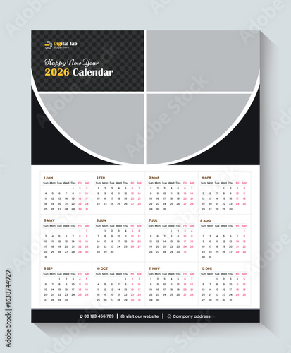 Calendar 2026, calendar 2026 week start Sunday corporate design template vector. wall calendar 2026, 2026 calendar design
