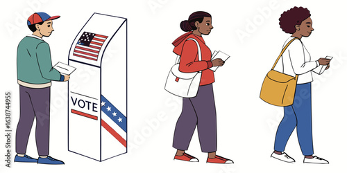 Diverse people in line at a voting booth with American flag design election democracy