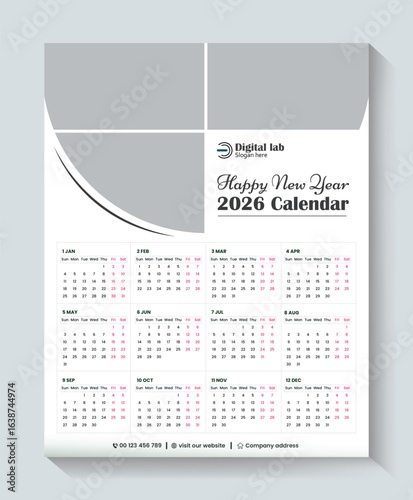 Calendar 2026, calendar 2026 week start Sunday corporate design template vector. wall calendar 2026, 2026 calendar design