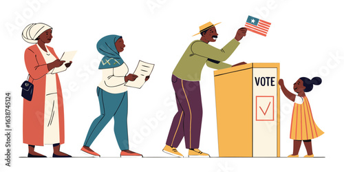 Diverse people in line to vote at a polling station with American flag voting election