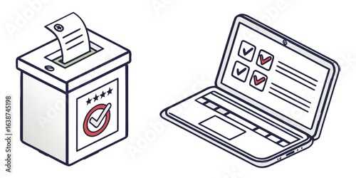 Election ballot box with voting paper and laptop with checkboxes vector
