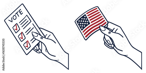 Hand holding voting ballot and American flag illustration vote election