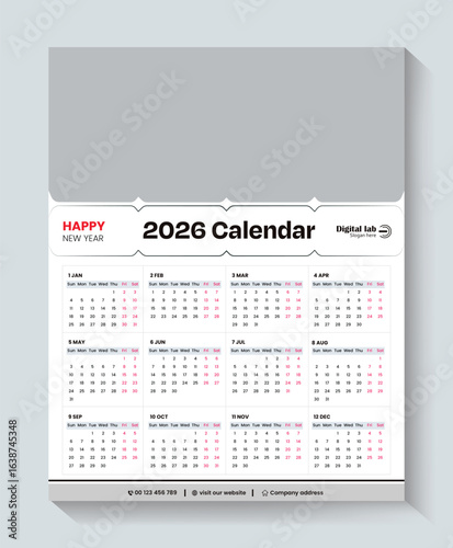Calendar 2026, calendar 2026 week start Sunday corporate design template vector. wall calendar 2026, 2026 calendar design
