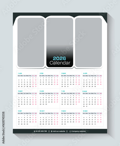 Calendar 2026, calendar 2026 week start Sunday corporate design template vector. wall calendar 2026, 2026 calendar design