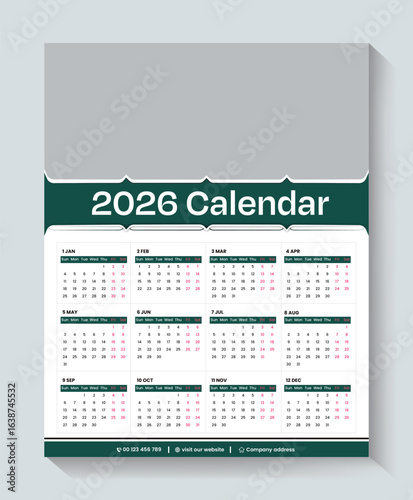 Calendar 2026, calendar 2026 week start Sunday corporate design template vector. wall calendar 2026, 2026 calendar design