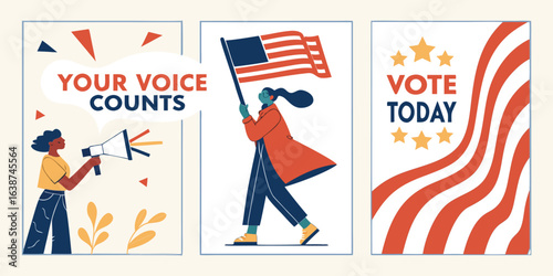 People advocating for voting rights with American flag and stars election democracy