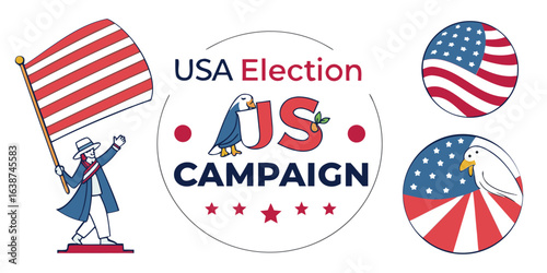 Man with American flag and U S A election campaign graphics vector
