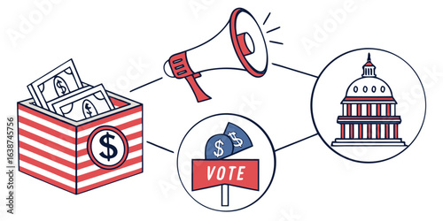 Red white and blue illustration of money box megaphone and capitol building election voting