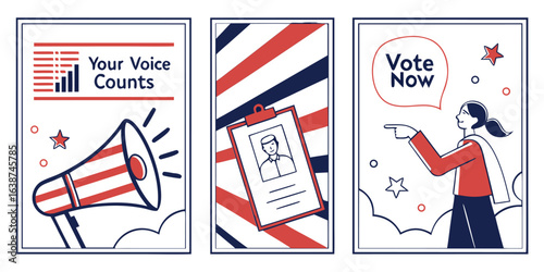 Red white blue illustration of voting campaign with megaphone and woman pointing vote election