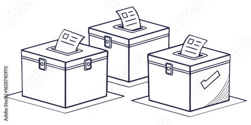Three hand drawn ballot boxes with papers inside and a checkmark voting election