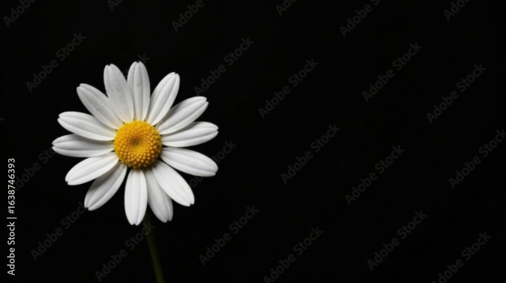 Obraz premium A Single Delicate White Daisy Flower on a Stark Black Background, a Simple Botanical Image Perfect for Minimalist Designs and Projects Requiring a Touch of Natural Elegance