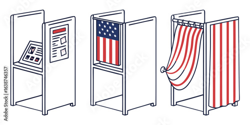 Three voting booths with American flag and red white striped curtain election vote
