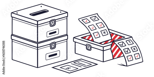 Two ballot boxes with voting slips and checkmarks in red and blue outline election vote
