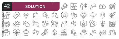 Solution icons set. Web line icons collection related idea, jigsaw, puzzle. Editable stroke