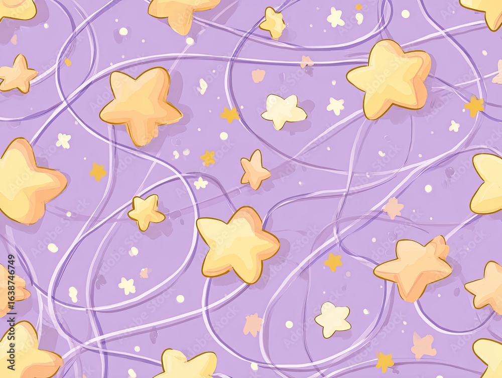 Pastel-colored star pattern on a purple background with swirling lines Pastel-colored star pattern on a purple background with swirling lines