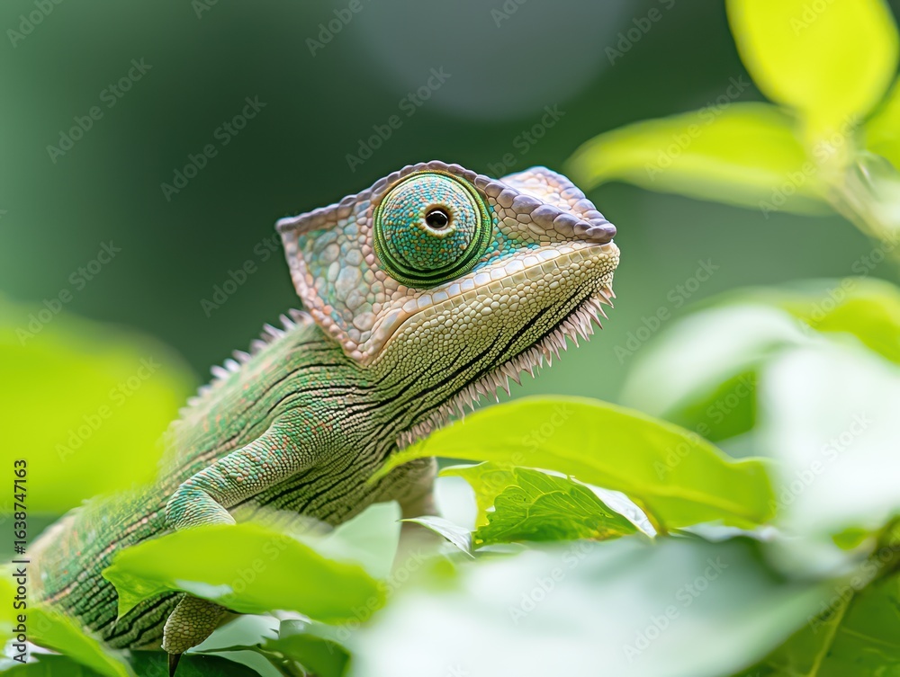 Fototapeta premium A chameleon portrait vibrant scales and emerald eyes.