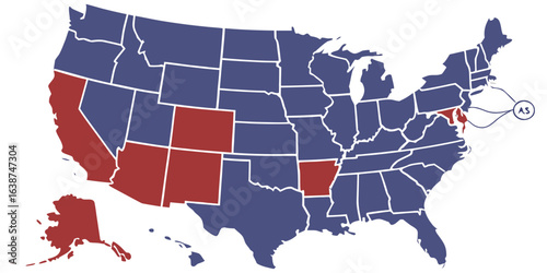 United States map with selected states highlighted in red and blue USA map red states