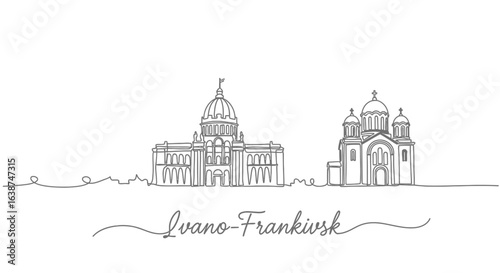 IvanoFrankivsk Skyline with Single Line Art, and Ukraine.