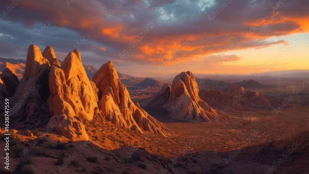 Naklejka premium Fiery Sunset Ignites Jagged Sandstone Peaks Across a Vast Desert Landscape