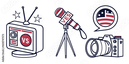 Vintage television microphone and camera with American flag speech bubble screen stars