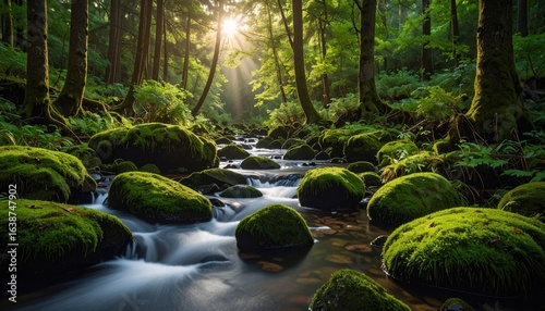 Forest Stream With Sunlight And Mossy Rocks