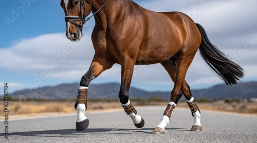 Brown horse walking on road
