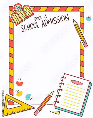 School admission poster with colorful stationery frame and clean white space for text	