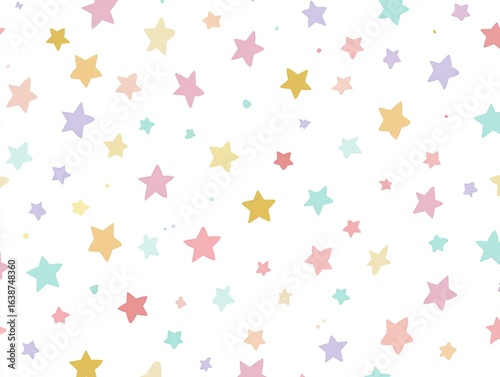 A whimsical pattern of many small, pastel-colored stars scattered across a white background