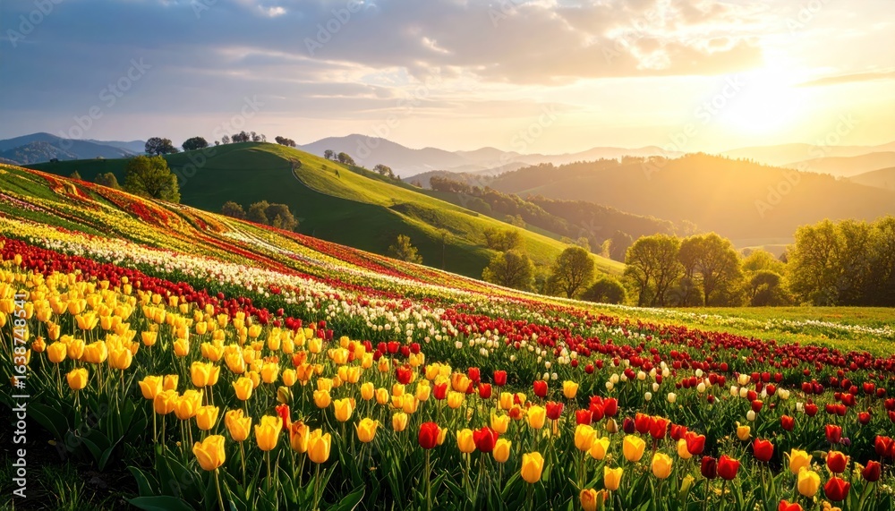 Colorful tulip fields in sunset light with rolling hills landscape. Colorful tulip fields in sunset light with rolling hills landscape.