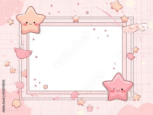 Pink, pastel-shaded graphic frame with cute stars and clouds