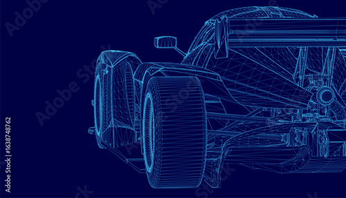 Blueprint of a race car on a blue background, featuring a detailed wireframe design with aerodynamic contours, technical specifications, and precision engineering.