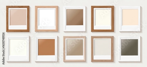 Set of square picture frames in various muted tones.  Wood and white frames, ready for photos.  Different colors on the interior.  Realistic presentation