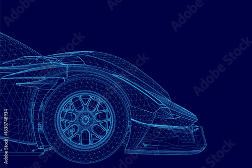 Blueprint of a race car on a blue background, showcasing detailed wireframe design with aerodynamic contours and technical specifications. The sporty vehicle features precise engineering elements.