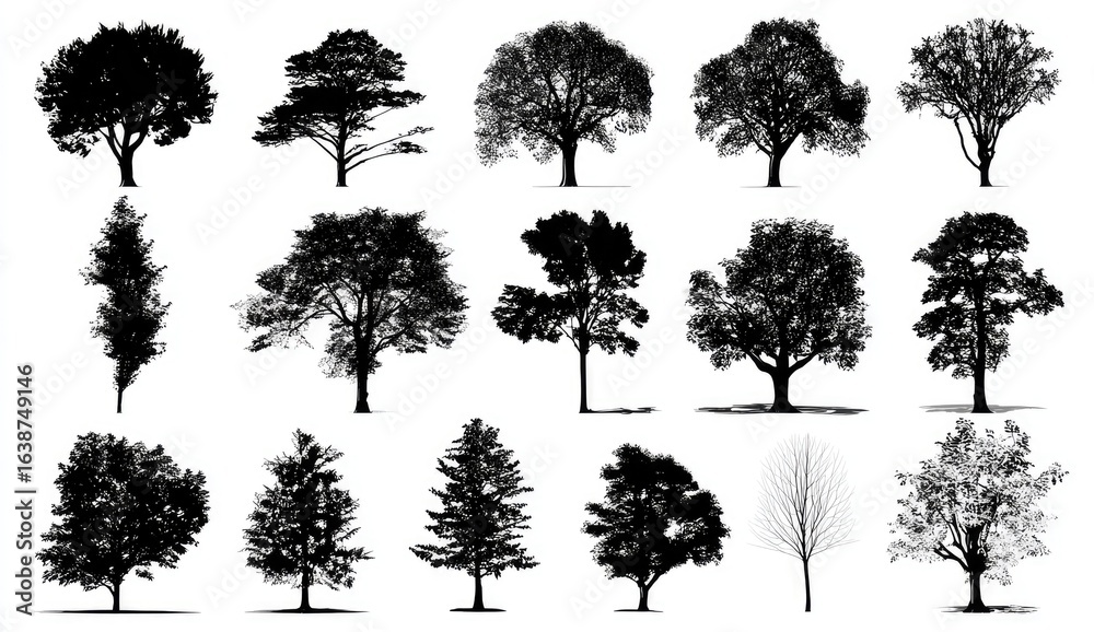 Fototapeta premium Silhouettes of various trees against a white background (1)