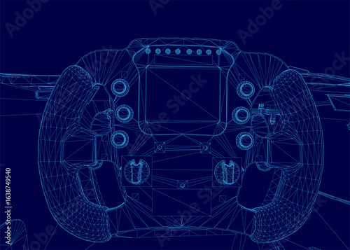 A detailed blueprint of a sport car steering wheel with buttons and knobs, rendered in wireframe style on a blue background. The design highlights precision engineering and modern automotive.