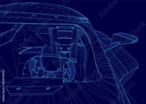 A sleek car blueprint on a blue background displays a detailed wireframe cockpit, aerodynamic contours, and intricate technical schematics emphasizing high-performance engineering and precision.