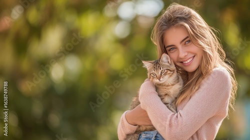Pet adoption joy with a smiling young woman cuddling her adorable cat in a sunny outdoor setting