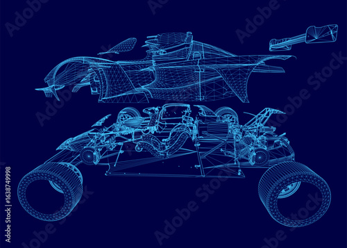A sleek car blueprint on a blue background features aerodynamic design, low profile, and wide stance. Detailed elements include headlights, grille, wheels, and a prominent rear spoiler.