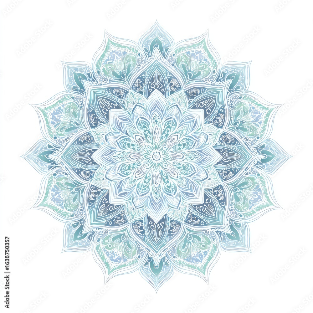 A delicate, symmetrical mandala design in soft blues and greens