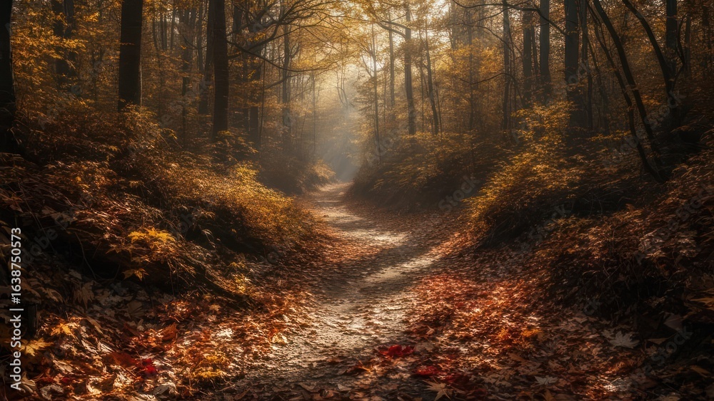 Obraz premium Golden Autumn Forest Path with Sunbeams and Misty Glow, Vibrant Leaves Blanketing the Ground, Creating a Serene Woodland Scene.