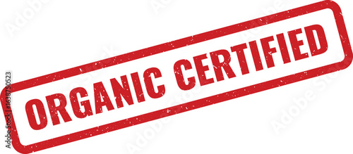 Red rectangular stamp with the words organic certified in white letters
