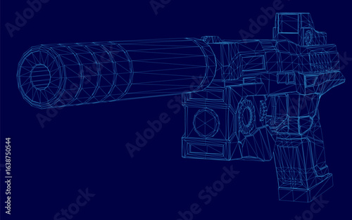 A 3D wireframe model of a pistol with a silencer on a blue background, showcasing intricate mechanical details and precise engineering components. The blueprint-style rendering highlights the barrel,.