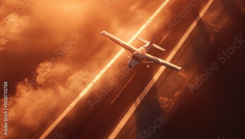 Small plane taxiing on runway at sunrise.  Fiery, golden light casts soft shadows.  Dramatic clouds surround the plane